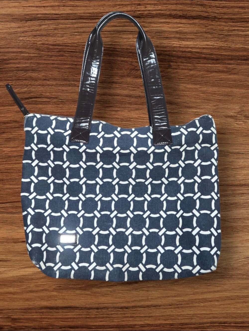 Ame & Lulu Navy and White Nautical Tote Bag with Dark Brown Patent Leather